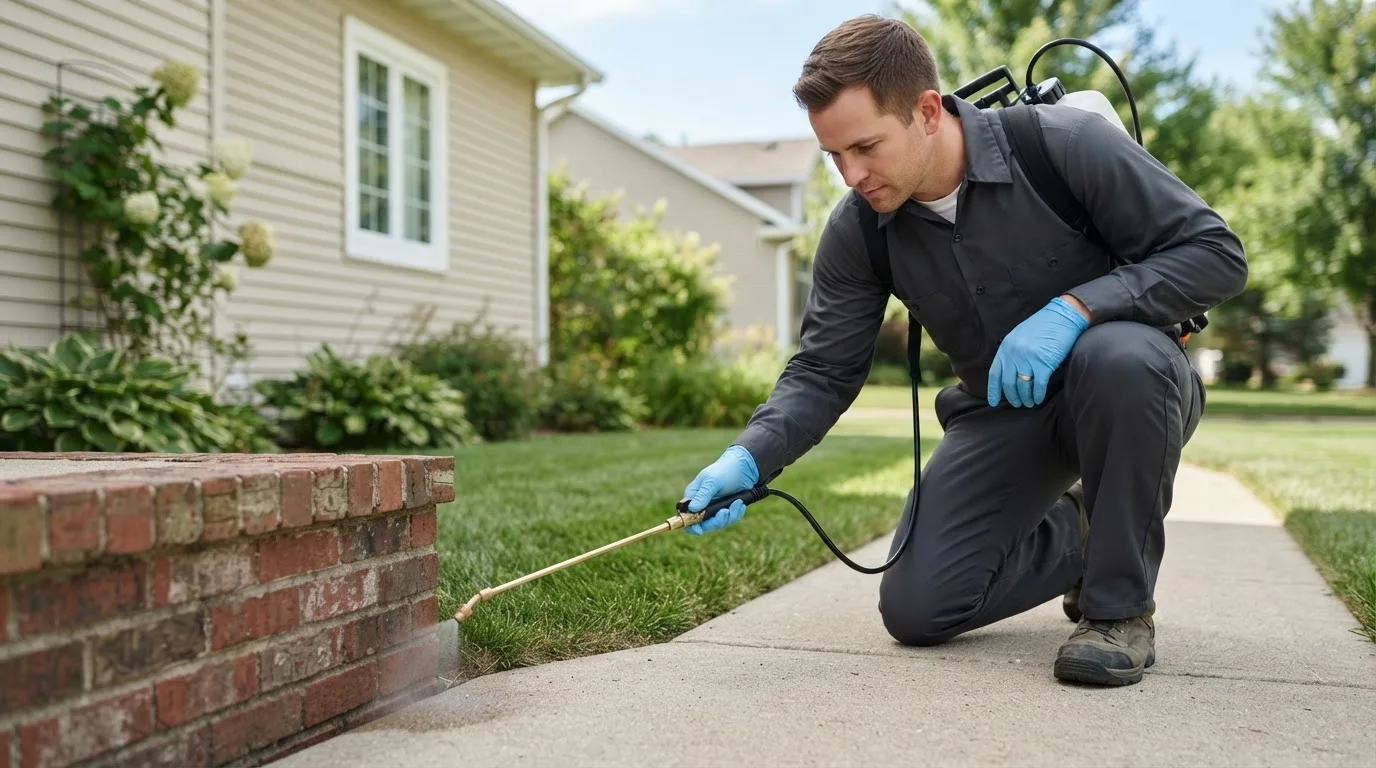 Pest control technician treating a home near Barrington, RI